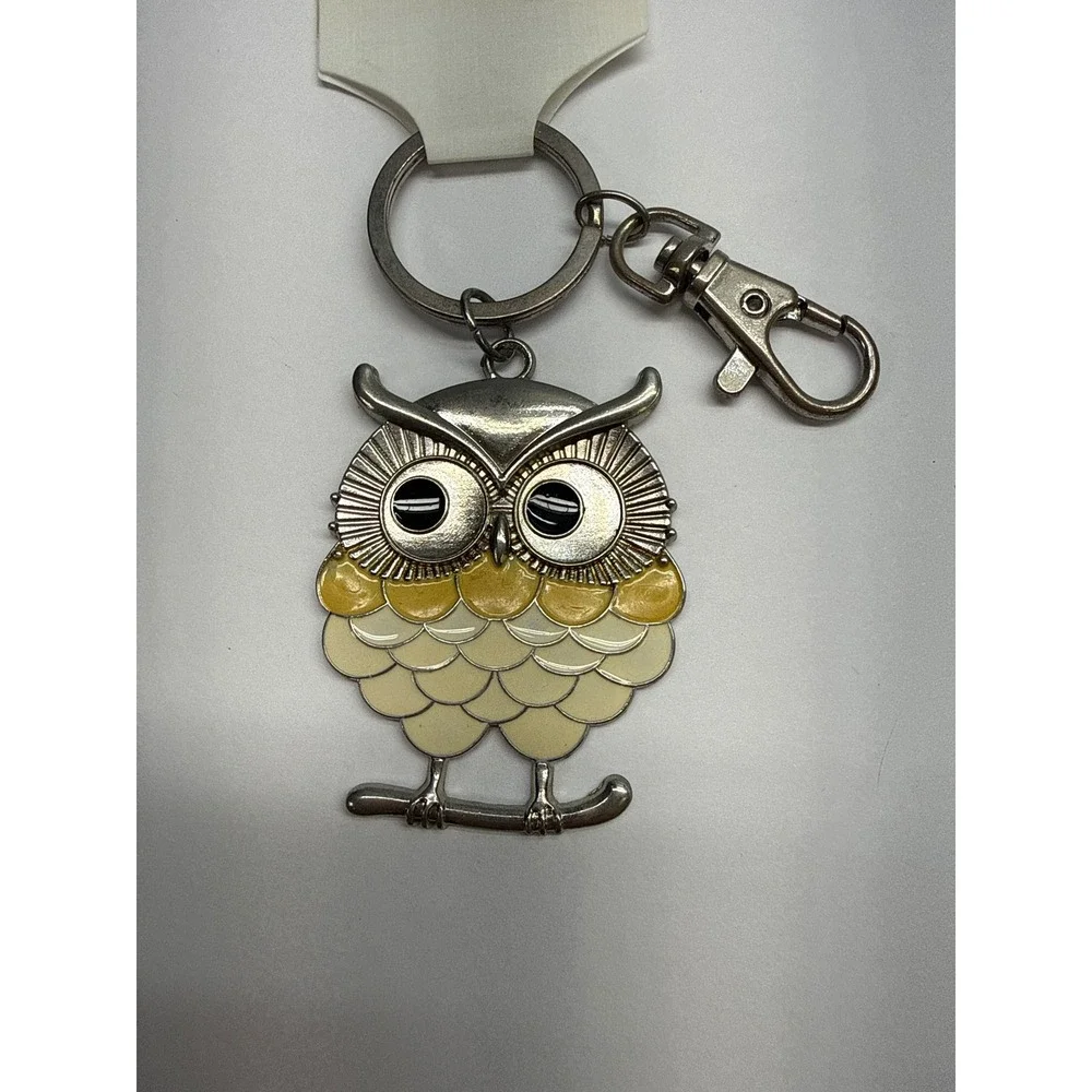 Enamel Owl Keychain Silver Tone Yellow Cream Bird Bag Charm Lobster Clasp NEW